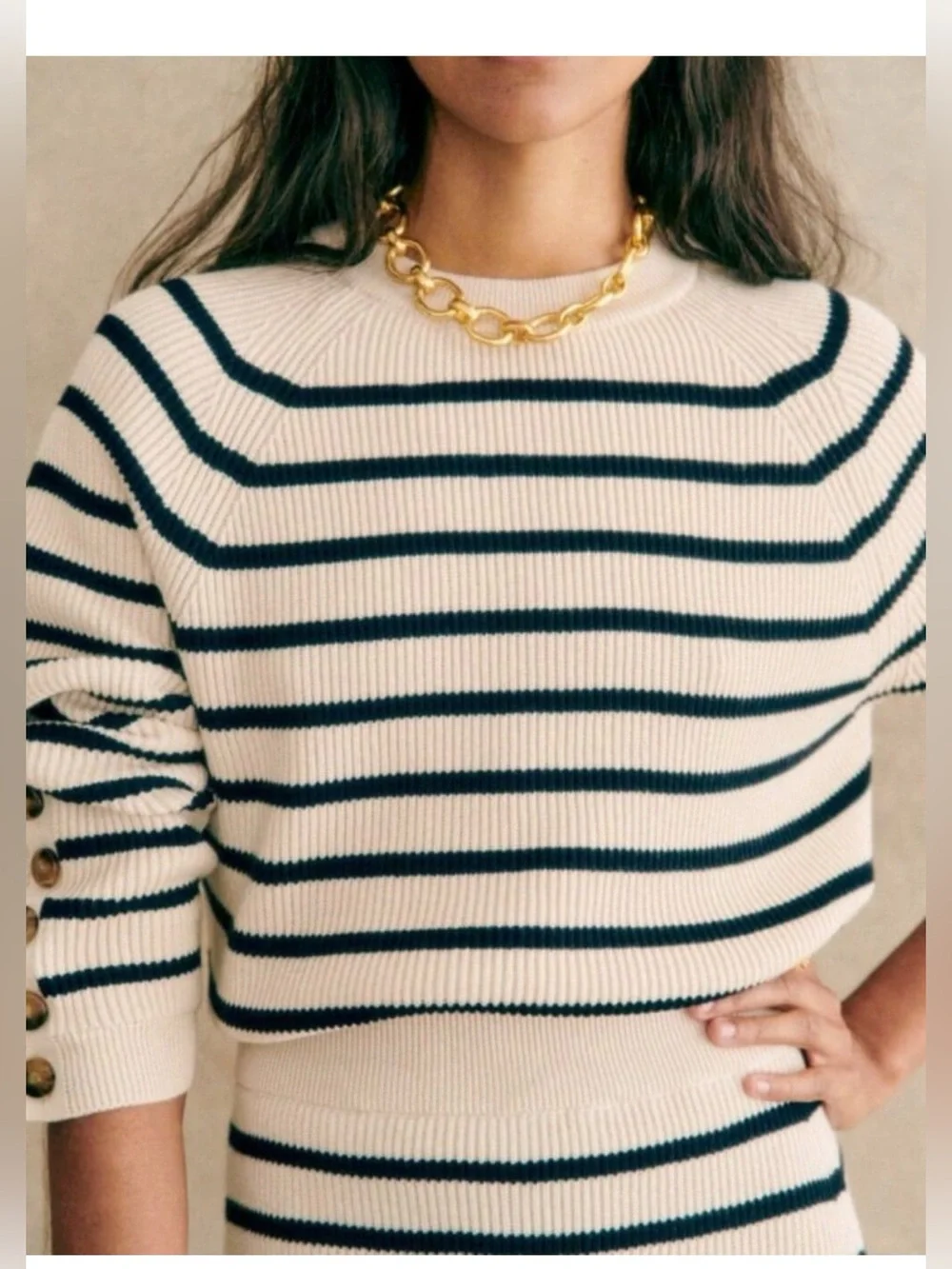 Sezane Sami Merino Wool Cotton Blend Striped Button Cuff Sweater  , Small